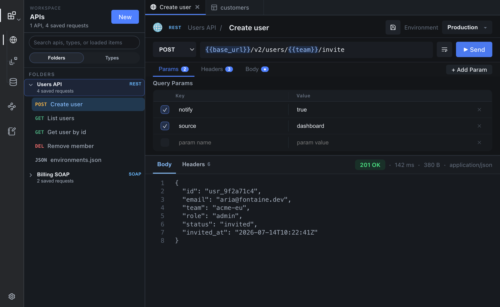 dibo REST client: a POST request with environment variables in the URL, query params, and a 201 Created JSON response