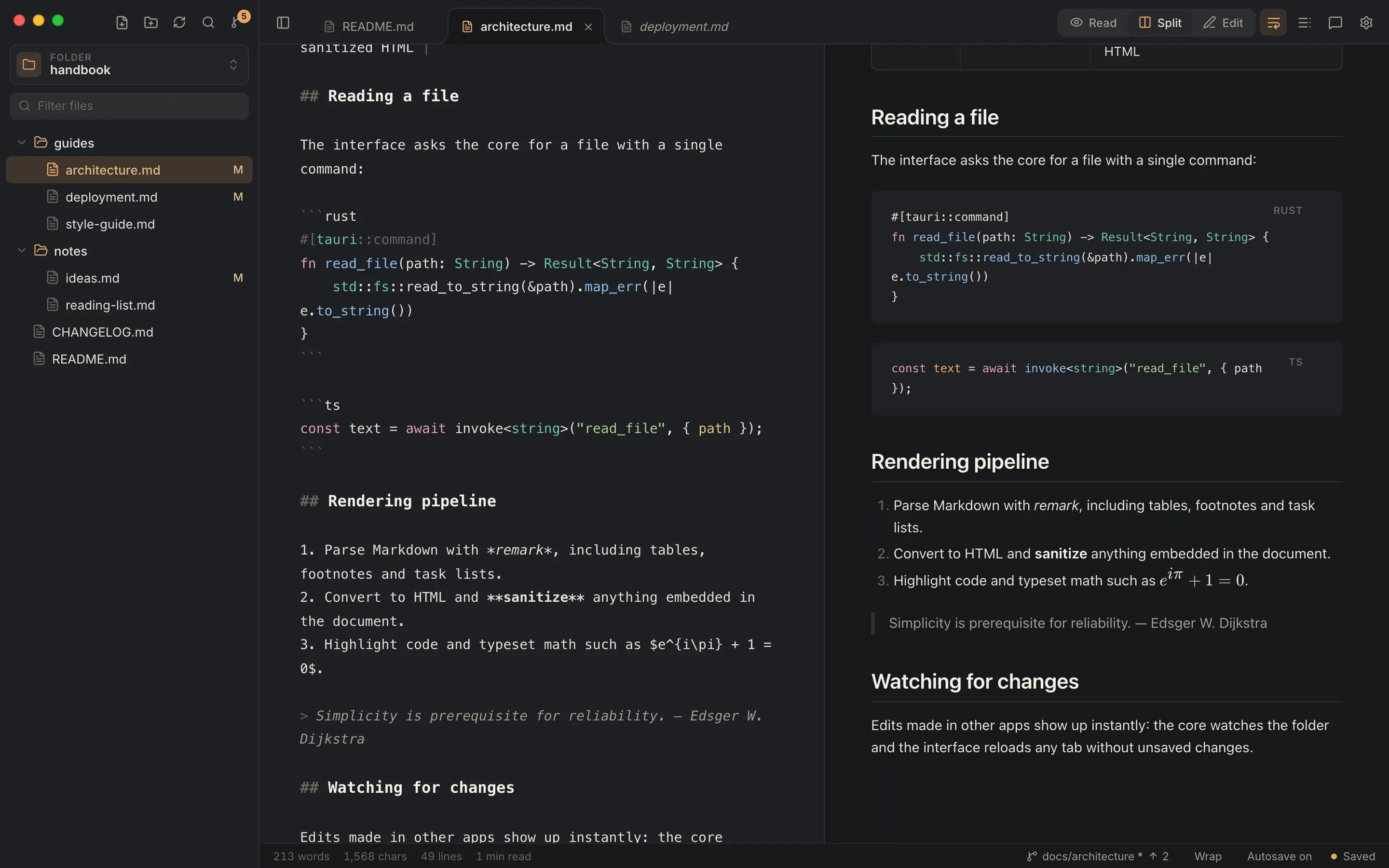 Mido in split mode: the Markdown source on the left and the rendered page on the right, with a folder tree and tabs