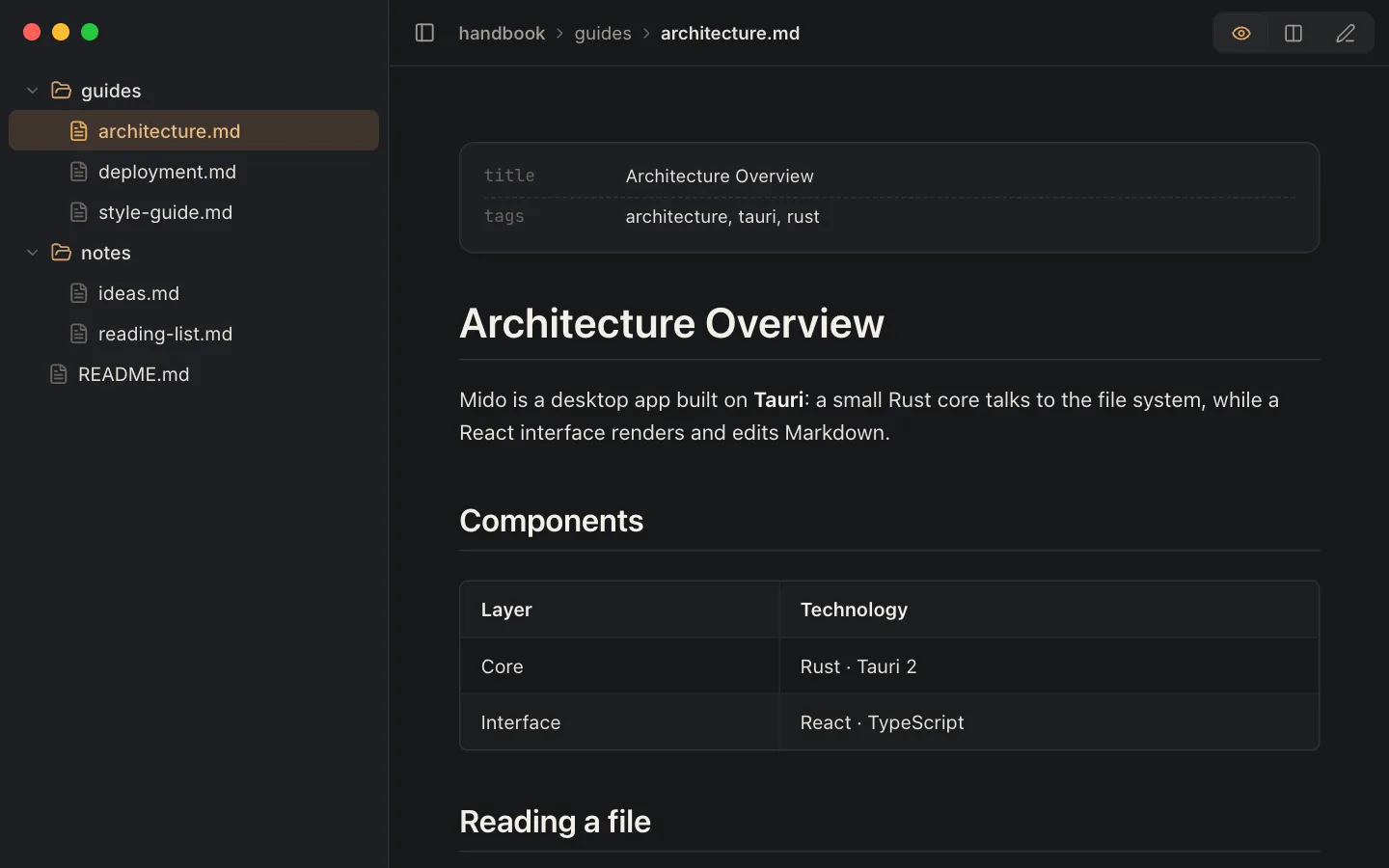 Mido in Minimal Mode: only the folder's files, the open file's path and the document