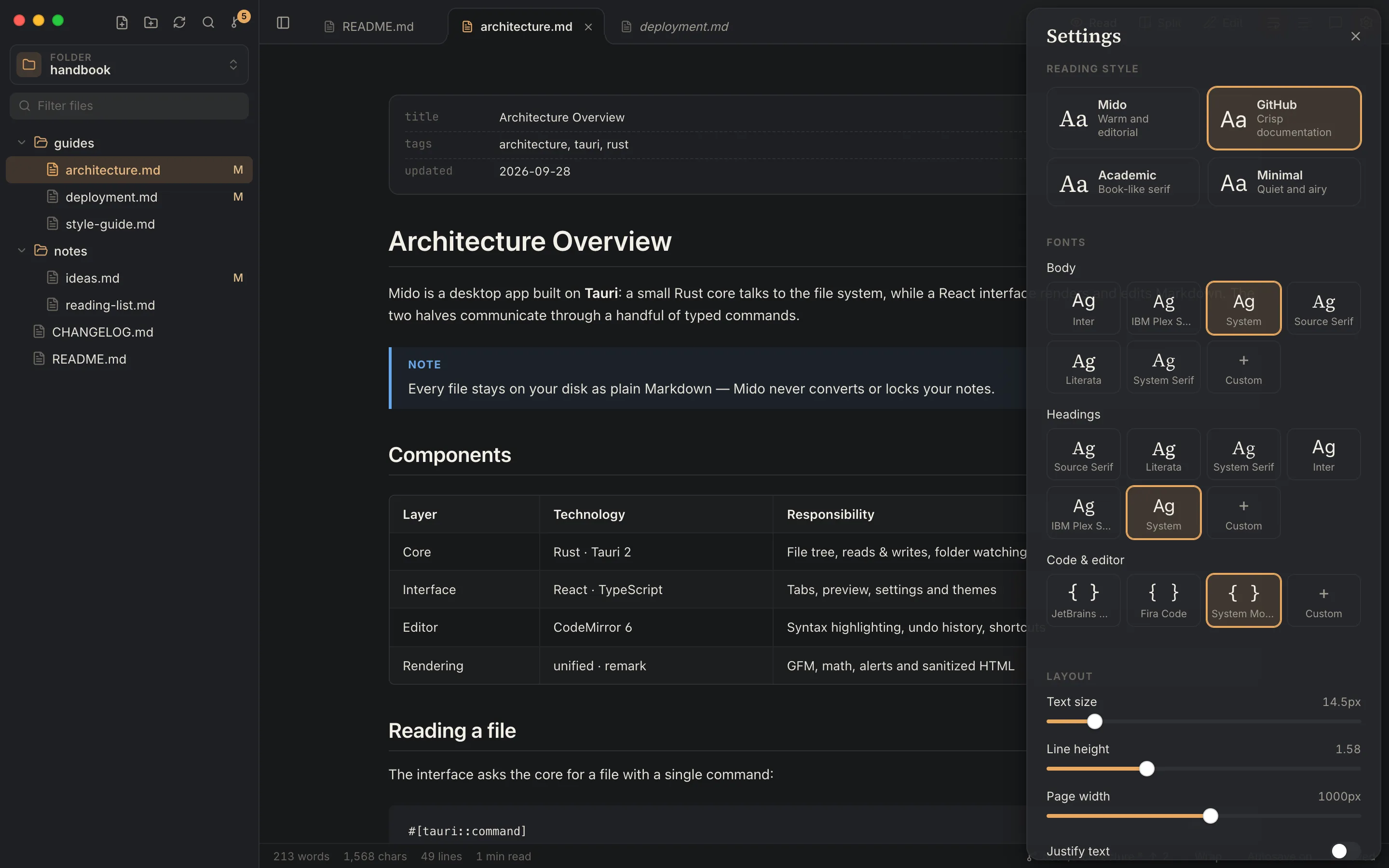 The settings panel with reading styles and font choices