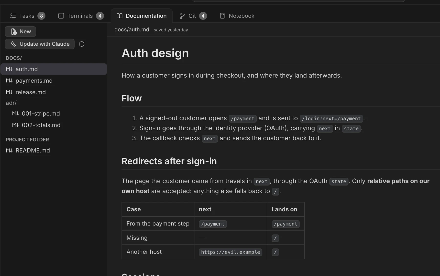The Documentation tab showing docs/auth.md with headings, a list and a table.