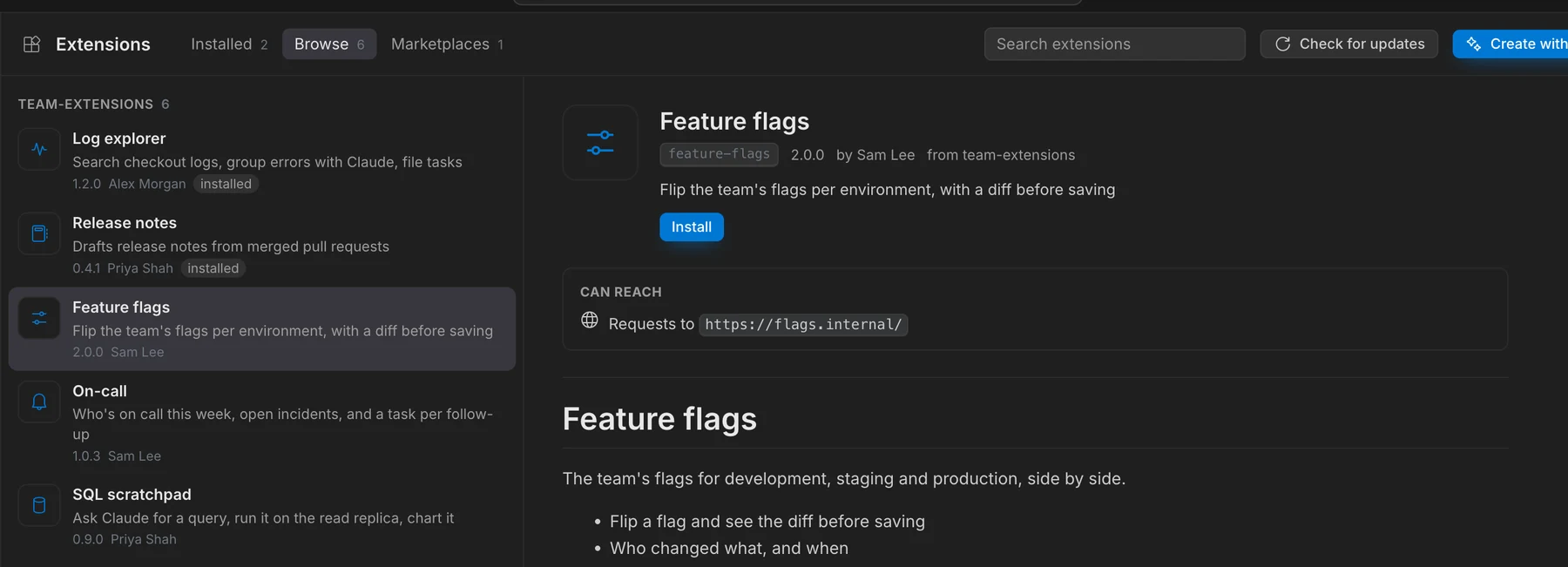 The Extensions section: a team marketplace with six extensions, and the details of Feature flags with what it can reach.