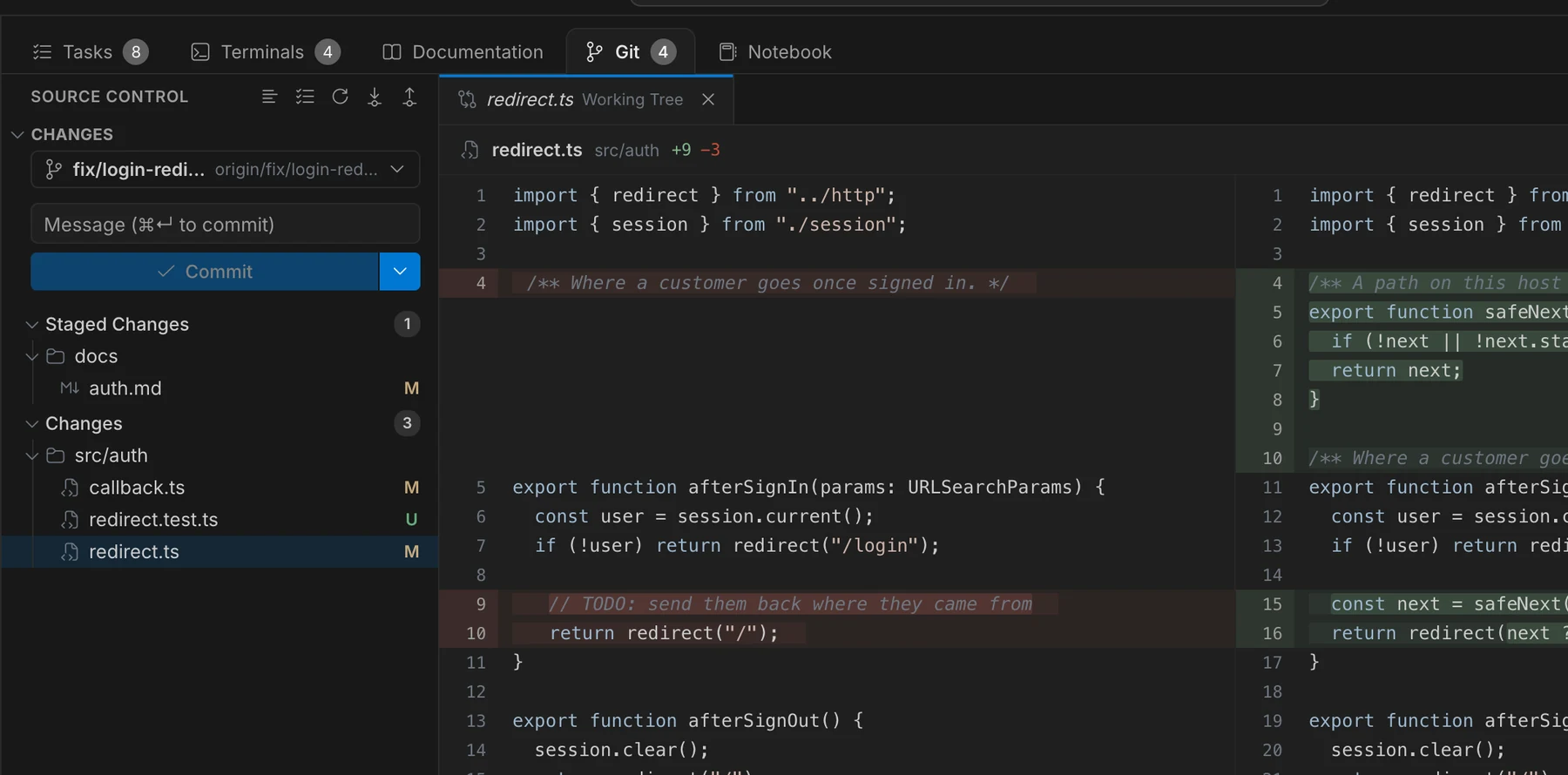 The Git tab: changed files on the left and a side-by-side diff of src/auth/redirect.ts.