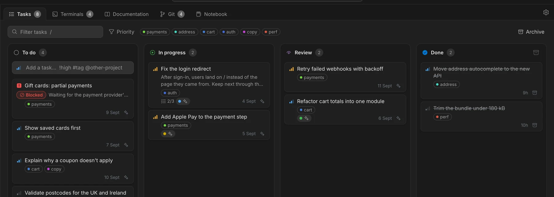 The checkout project's task board: To do, In progress, Review and Done, with priorities, tags and the sessions working on each task.