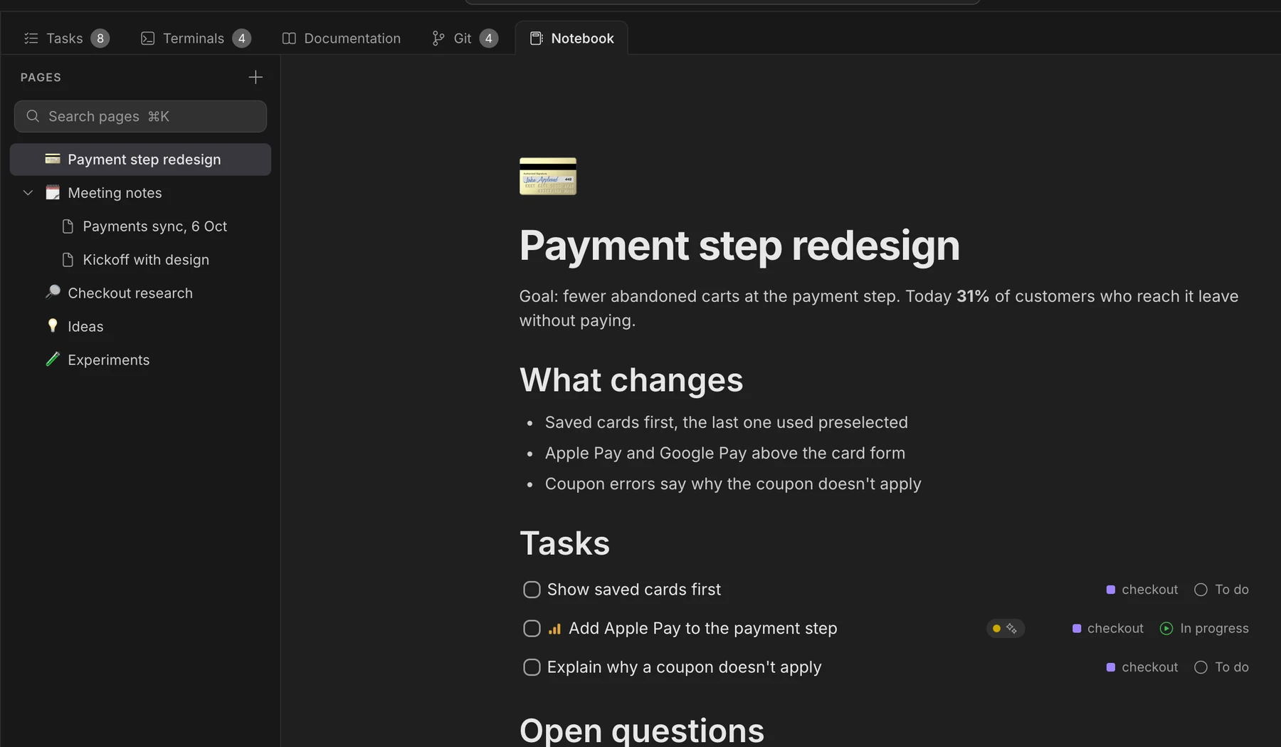 A notebook page, Payment step redesign, with headings, lists and three tasks embedded with their status.