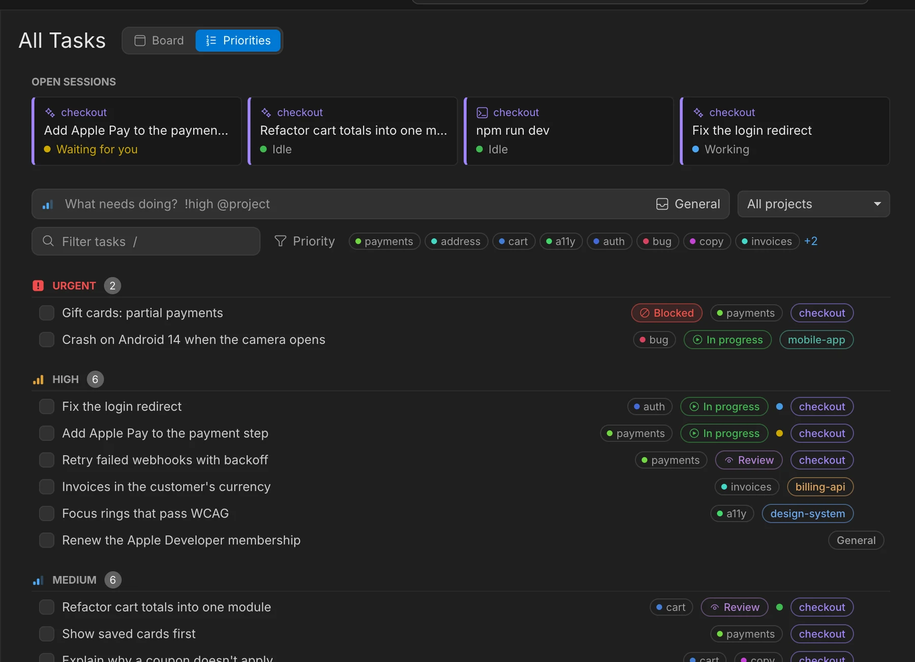 All Tasks in the Priorities view: open sessions on top, then tasks from four projects grouped as urgent, high and medium.