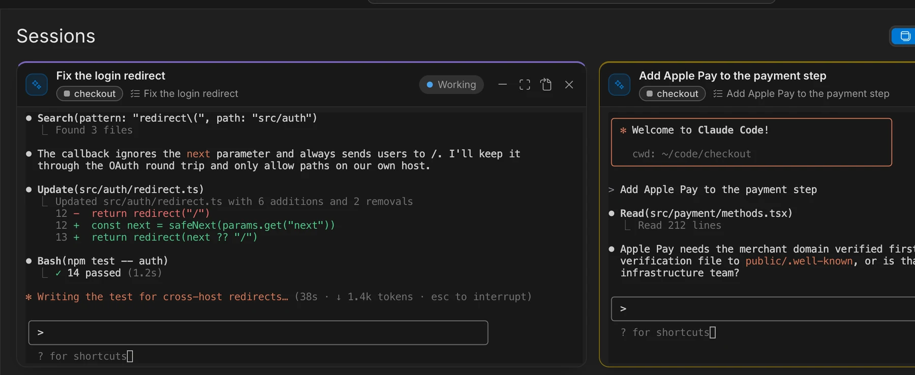 The Sessions view: four terminals in a grid, one working, one waiting for an answer, one idle, and a dev server.