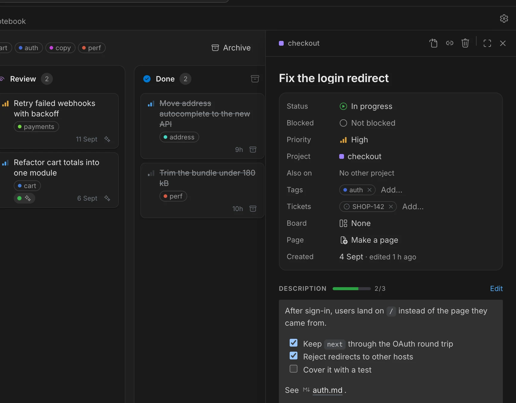A task's details beside the board: status, blocked, priority, tags, a Jira ticket, a description with a checklist, the page that links to it and the session working on it.