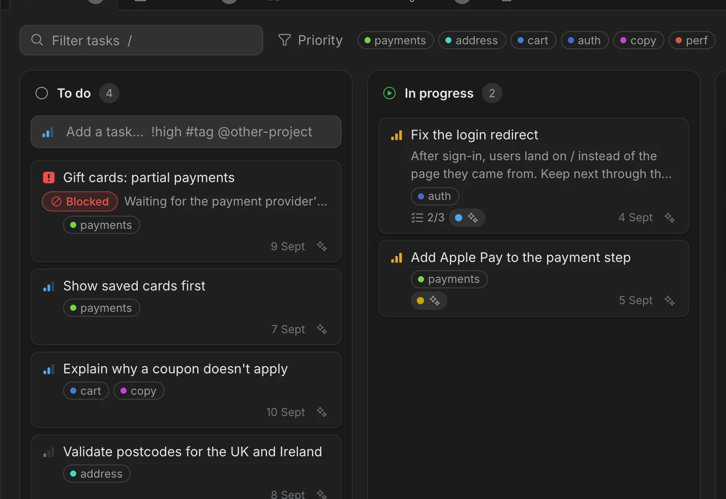 The checkout project's task board with To do, In progress, Review and Done columns.